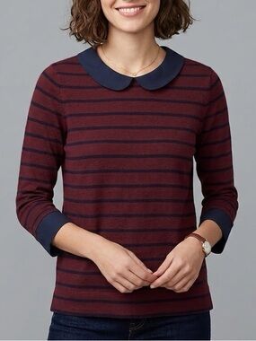 J Crew Peter Pan Collar Burgundy And Navy Knit Top